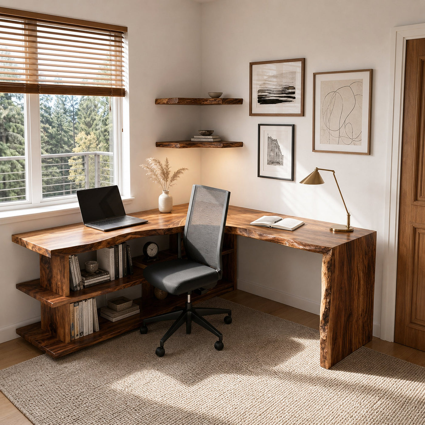 Organic L-Shaped Desk With Shelving For Home Office