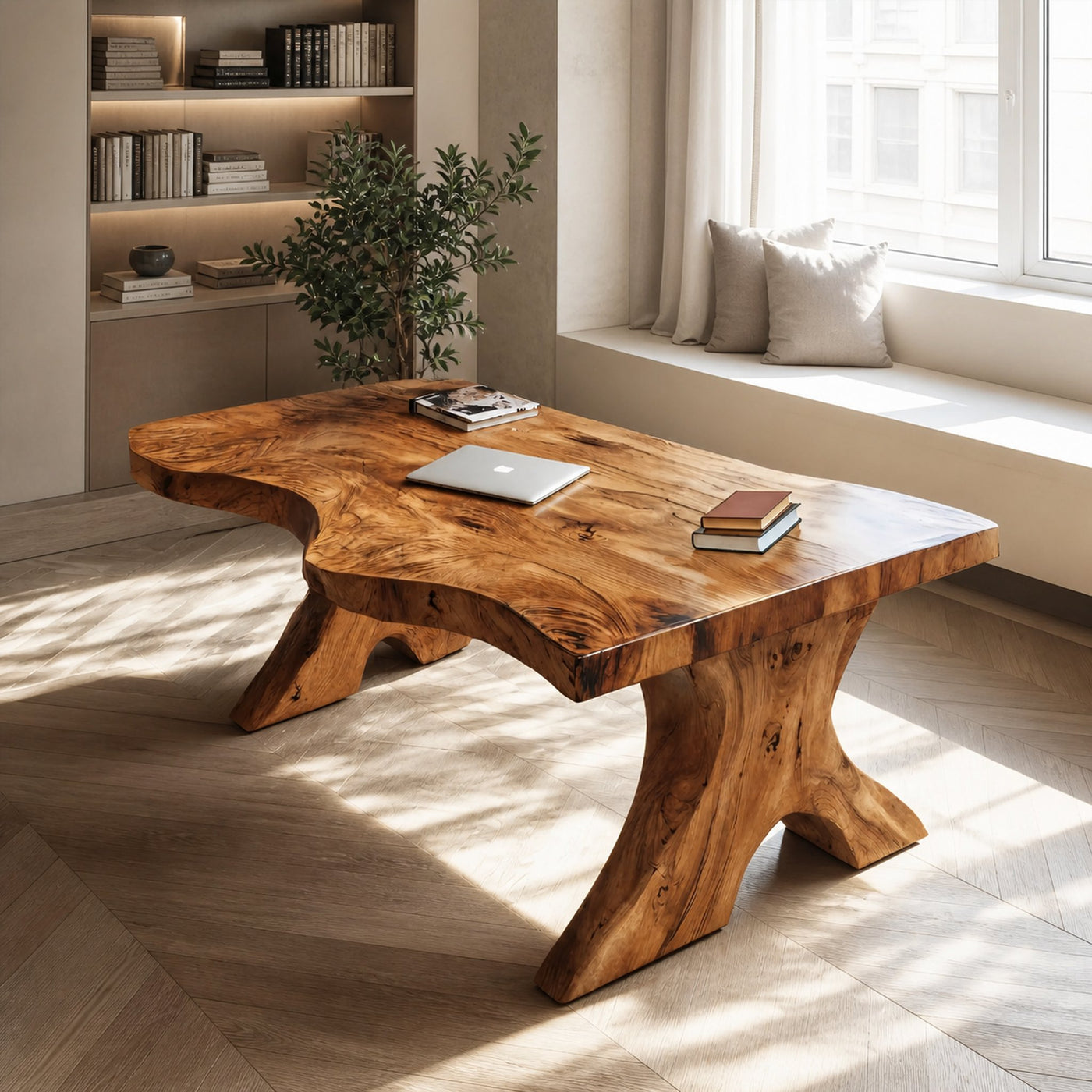 Organic Live Edge Desk With Sculptural Base For Workspace