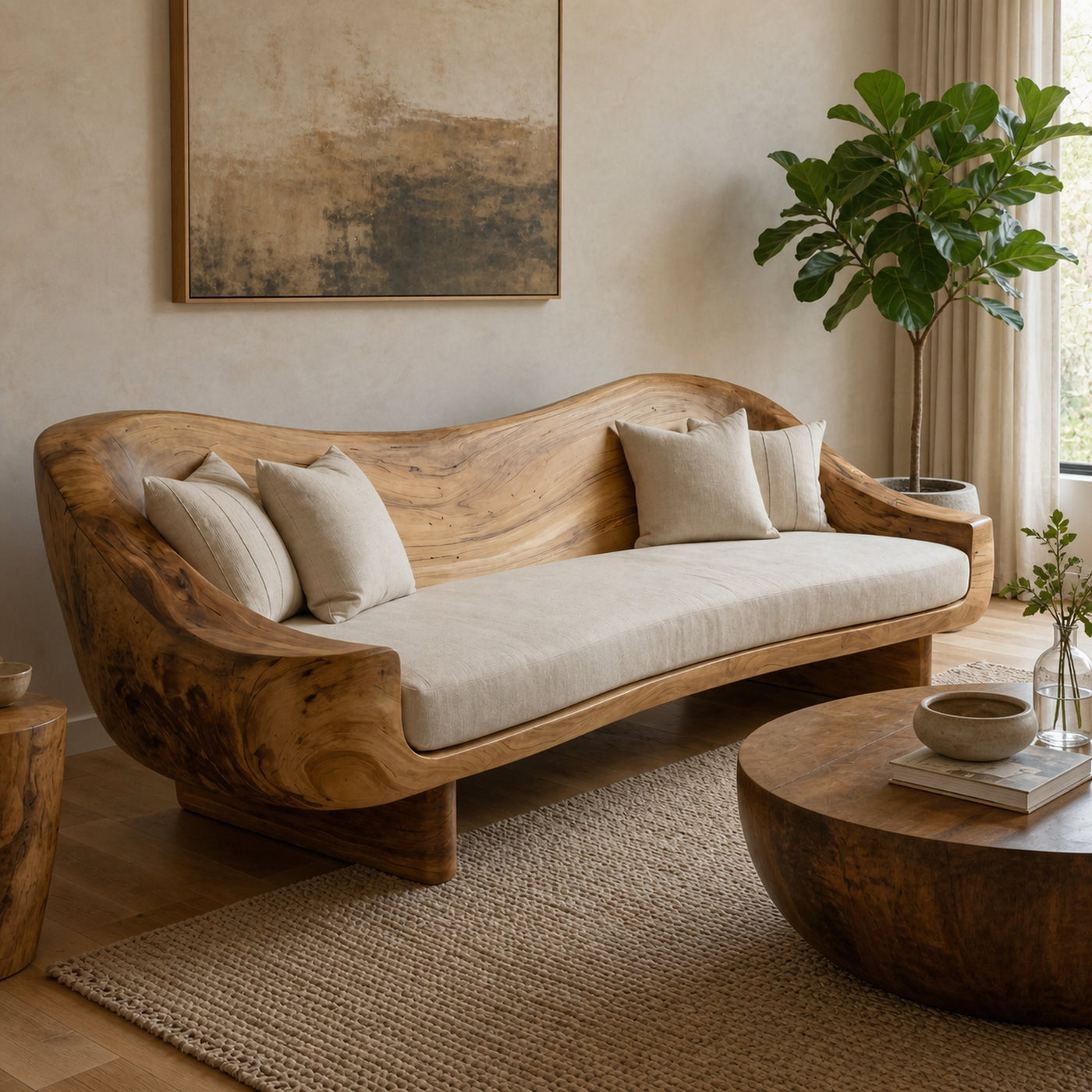 Organic Live Edge Wood Sofa Living Room Natural Sculptural Couch