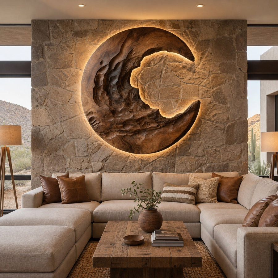 Organic Modern Crescent Wood Wall Art With Light For Living Room