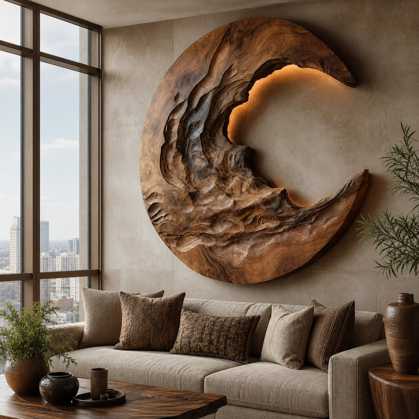 Organic Modern Crescent Wood Wall Art With Light For Living Room - product view 6