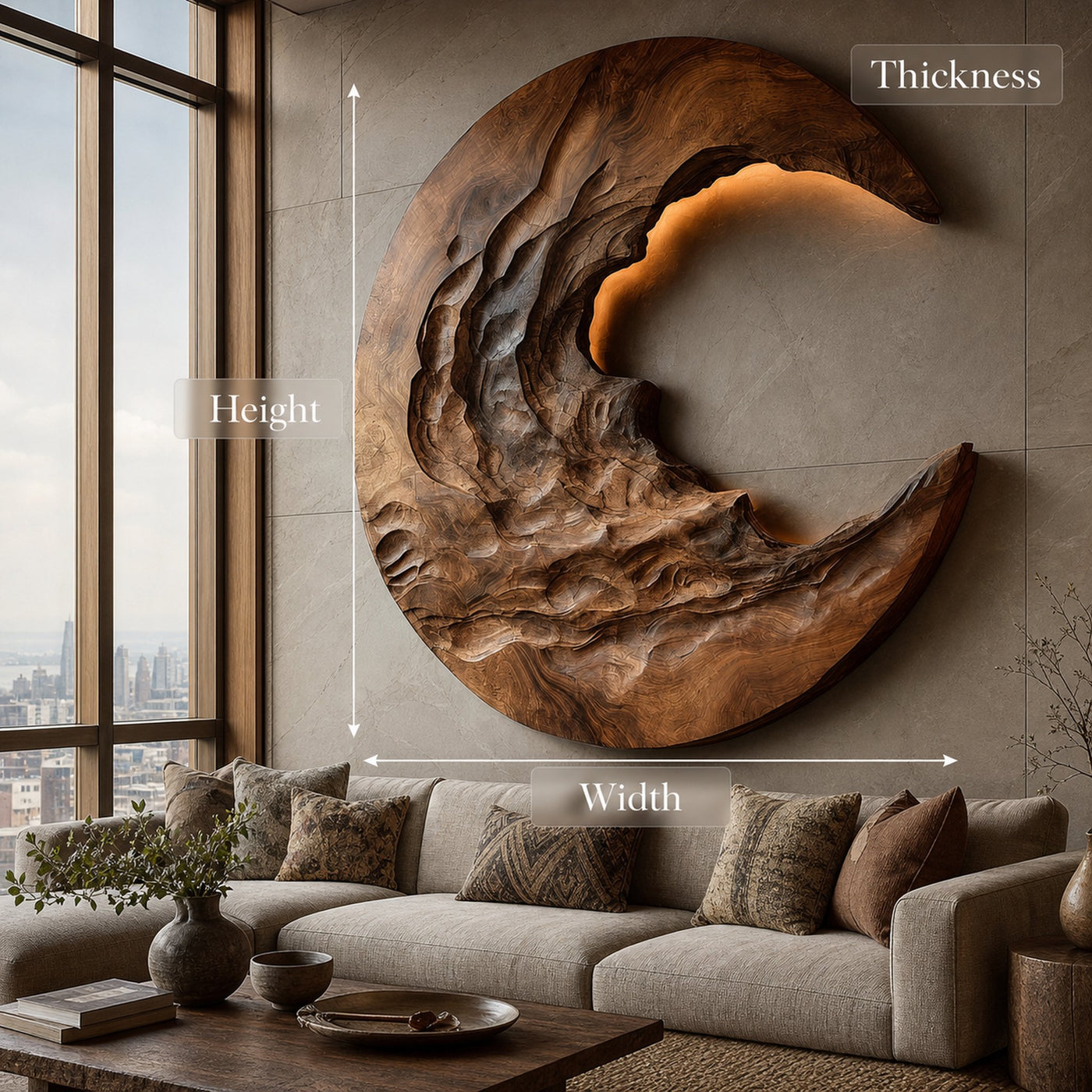 Organic Modern Crescent Wood Wall Art With Light For Living Room - product view 7