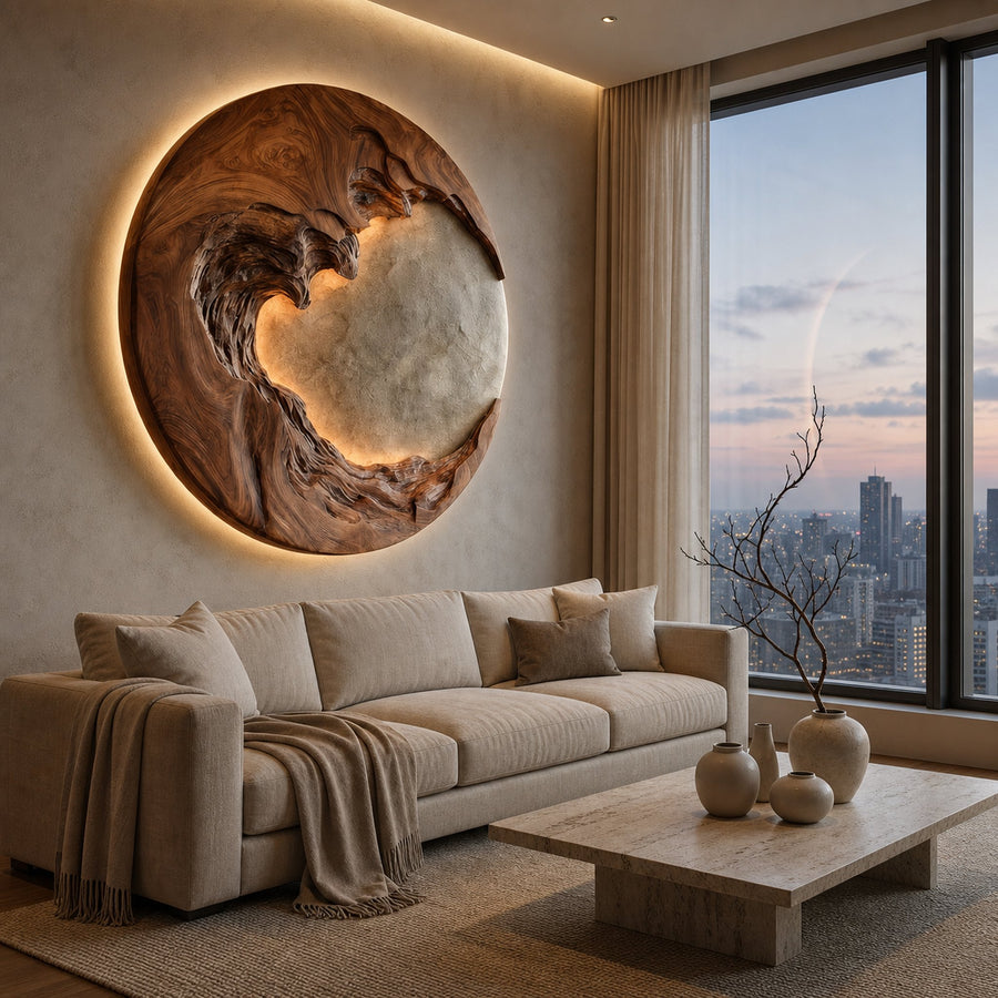 Organic Modern Round Wood Wall Art For Living Room