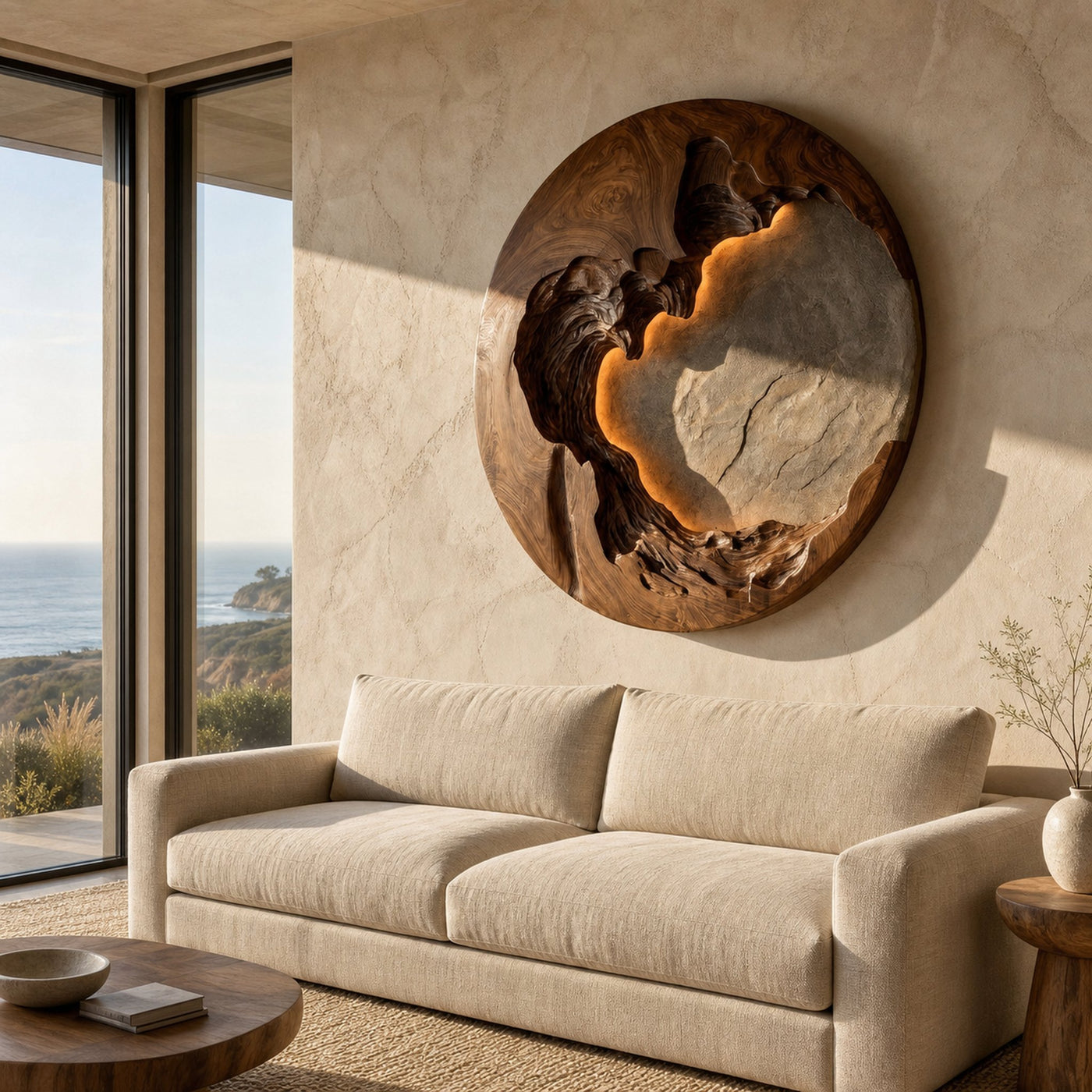 Organic Modern Round Wood Wall Art For Living Room - product view 2