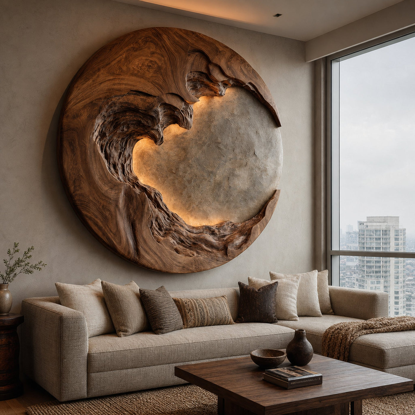 Organic Modern Round Wood Wall Art For Living Room - product view 3