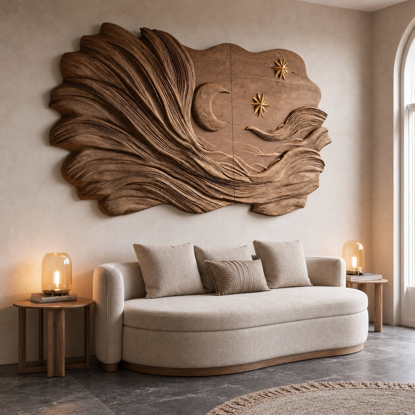 Organic Moon And Star Carved Sculpture Panel For Living Decor