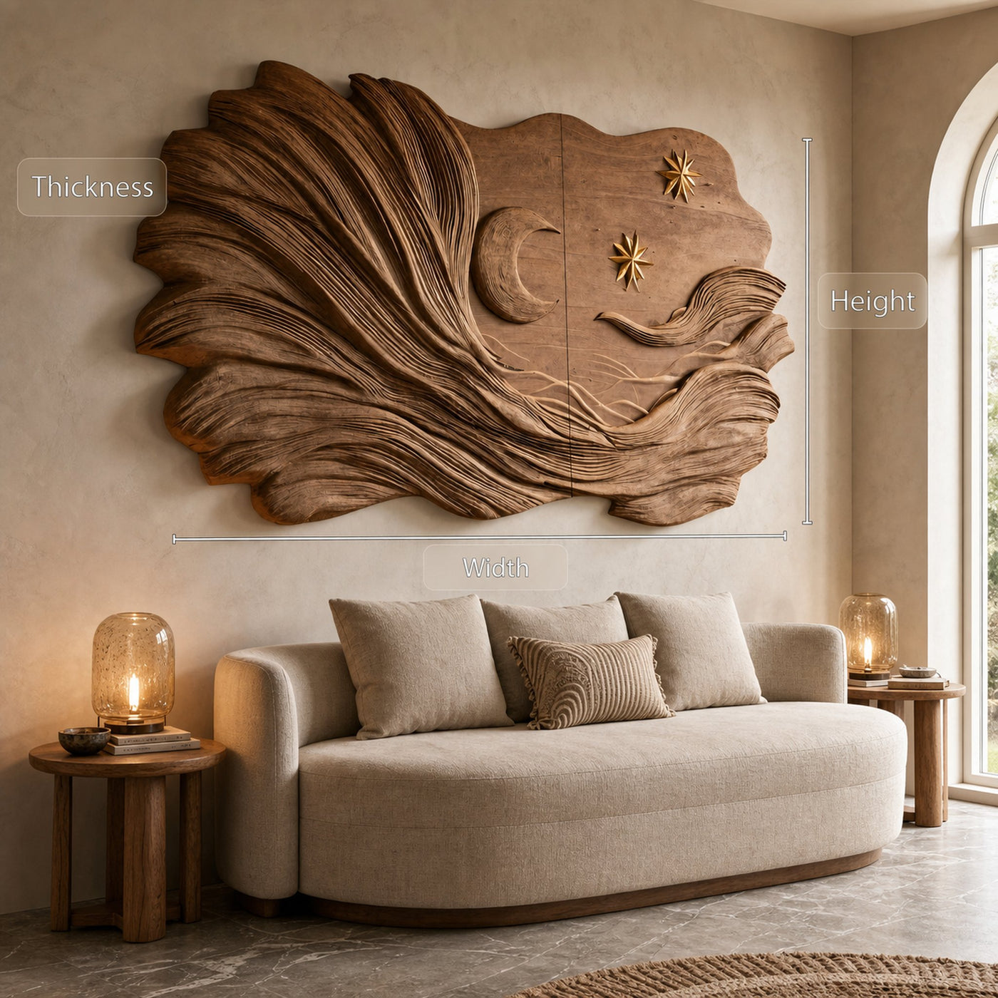 Organic Moon And Star Carved Sculpture Panel For Living Decor - product view 6