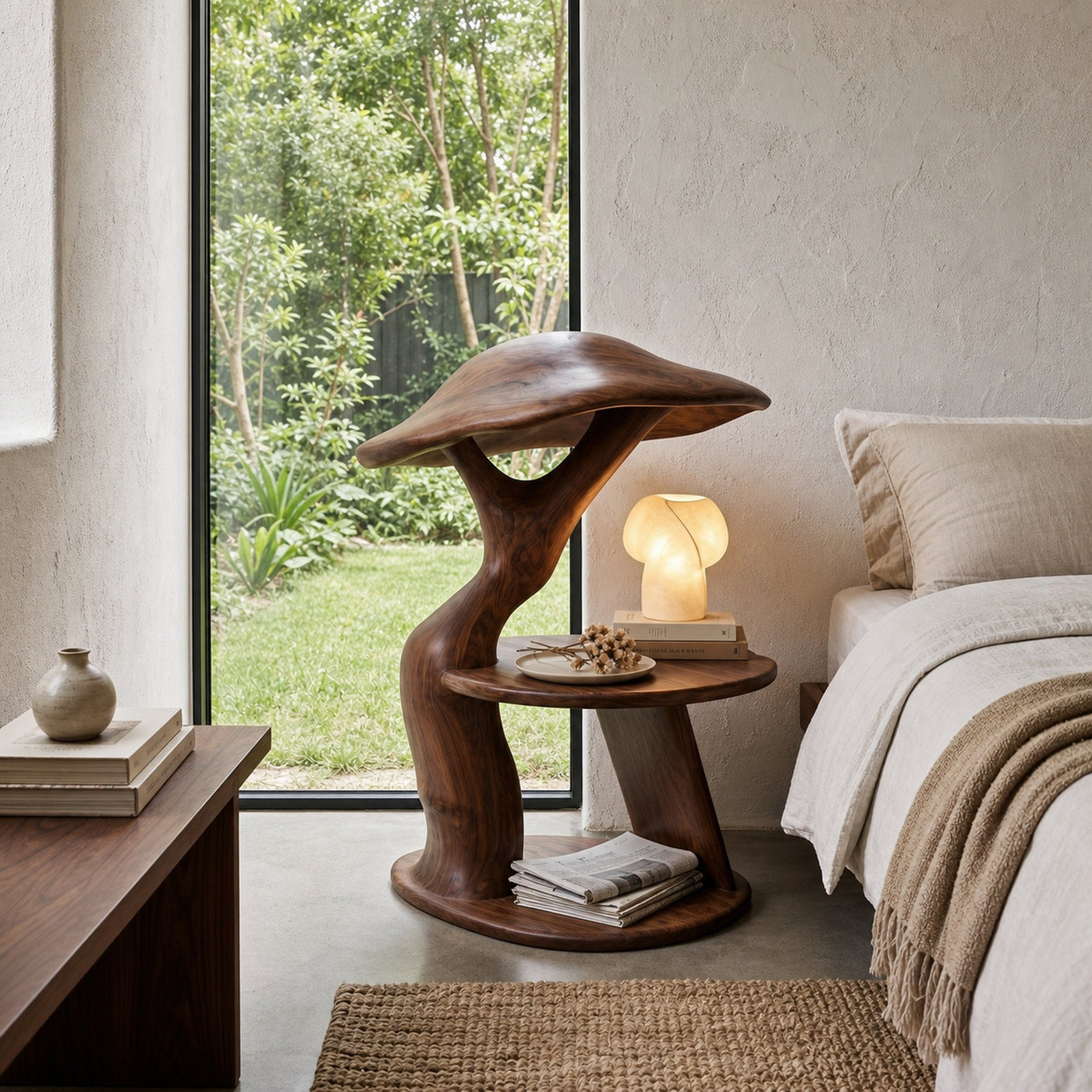 Organic Mushroom Nightstand With Sculptural Solid Wood Design And Vinyl Storage For Bedroom - product view 7