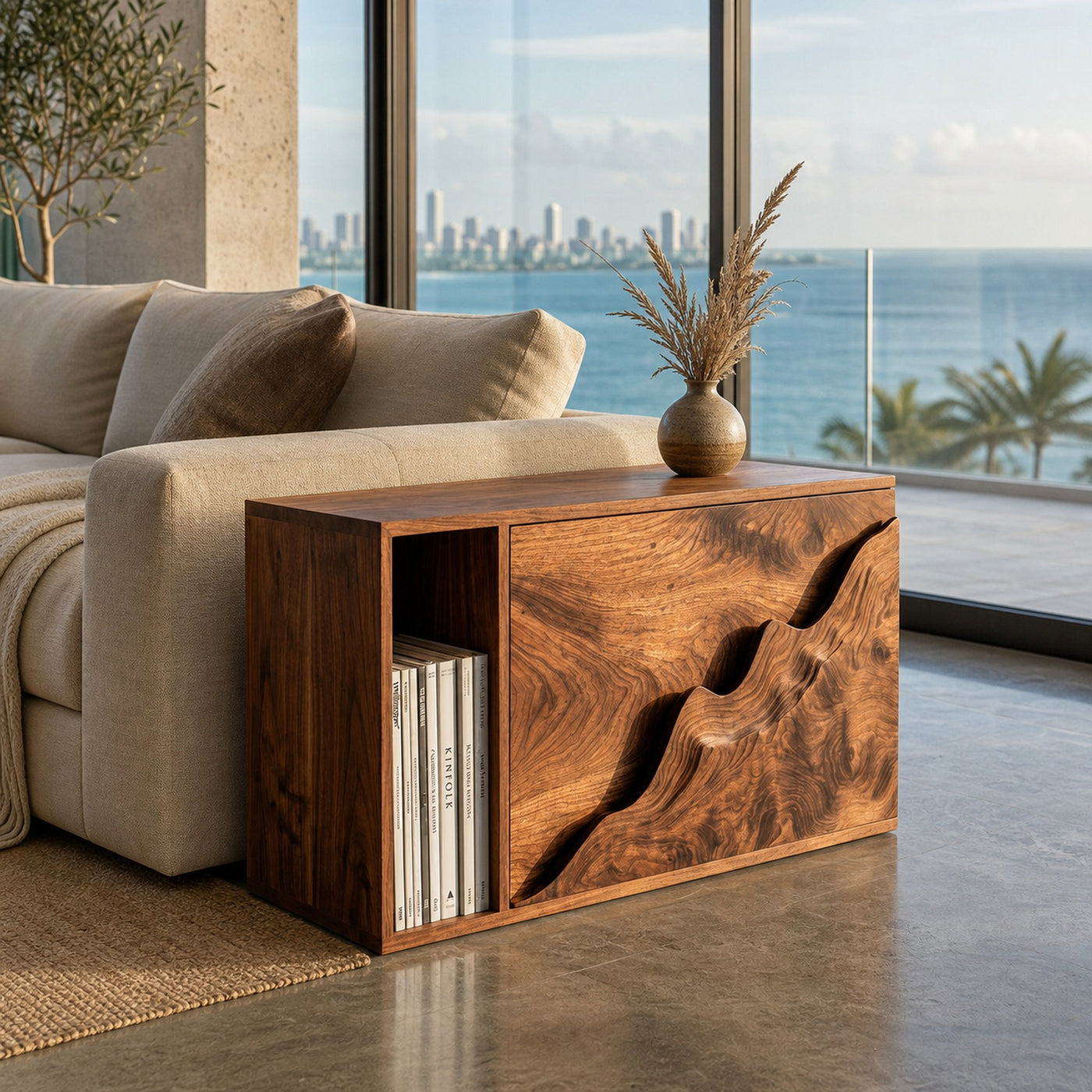 Organic Natural Wood Carved Front Side Table For Living Room