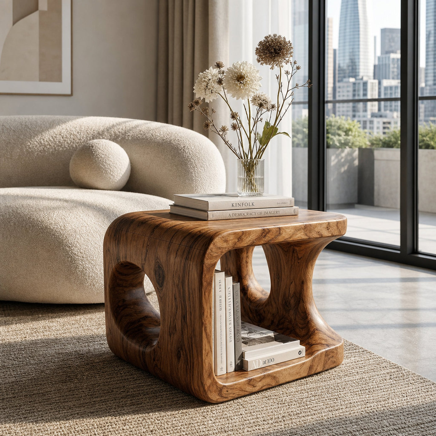 Organic Natural Wood Open Cube Side Table For Living Room