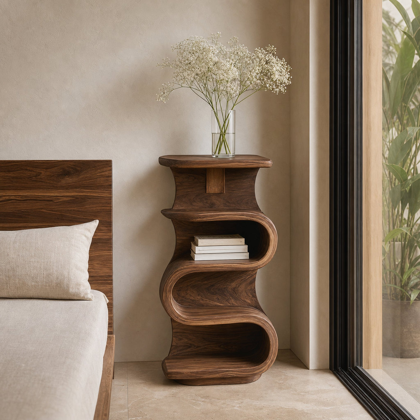 Organic Nightstand With Storage Shelf For Bedroom Area