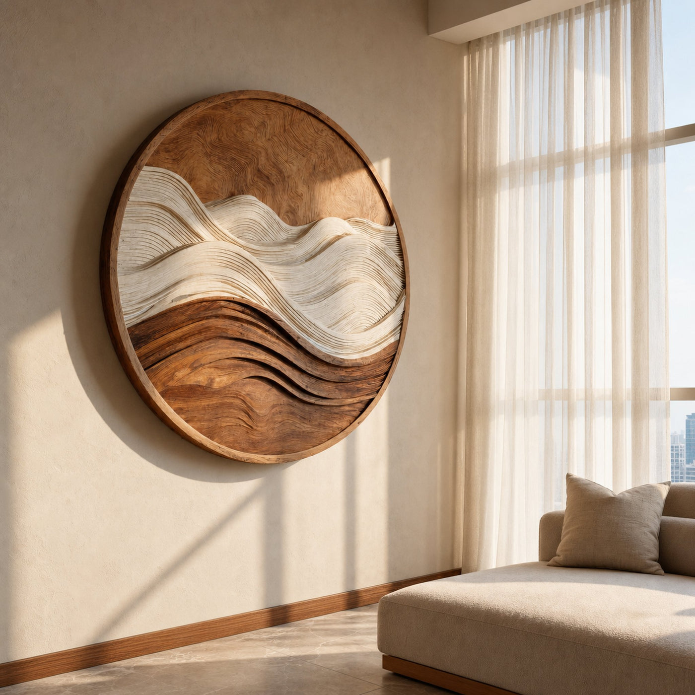 Organic Round Wooden Seascape Wall Art For Living Room - product view 5