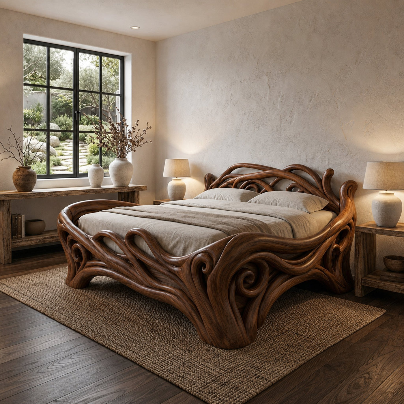 Organic Sculptural Bed Frame With Flowing Root Inspired Wood Design For Bedroom