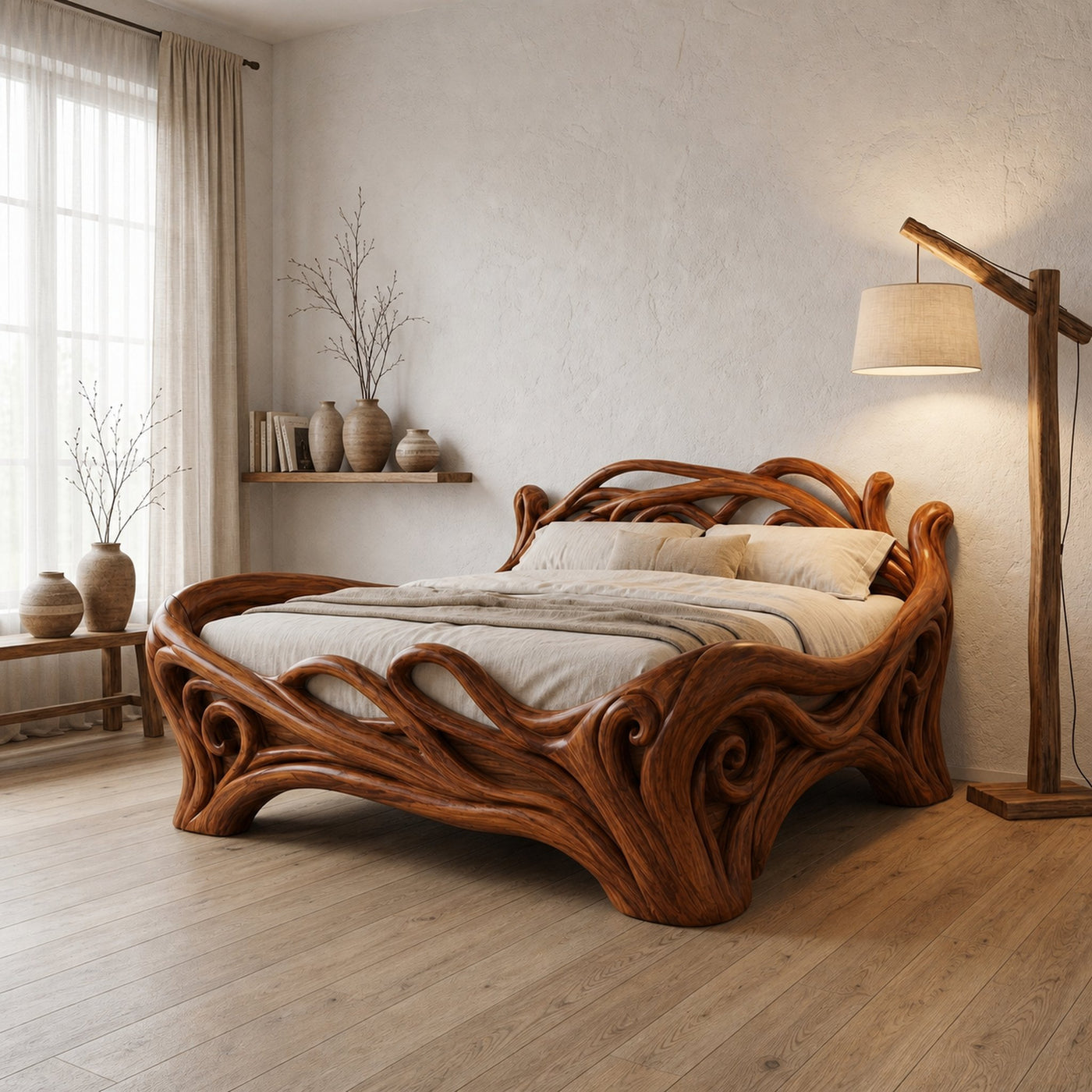 Organic Sculptural Bed Frame With Flowing Root Inspired Wood Design For Bedroom - product view 6