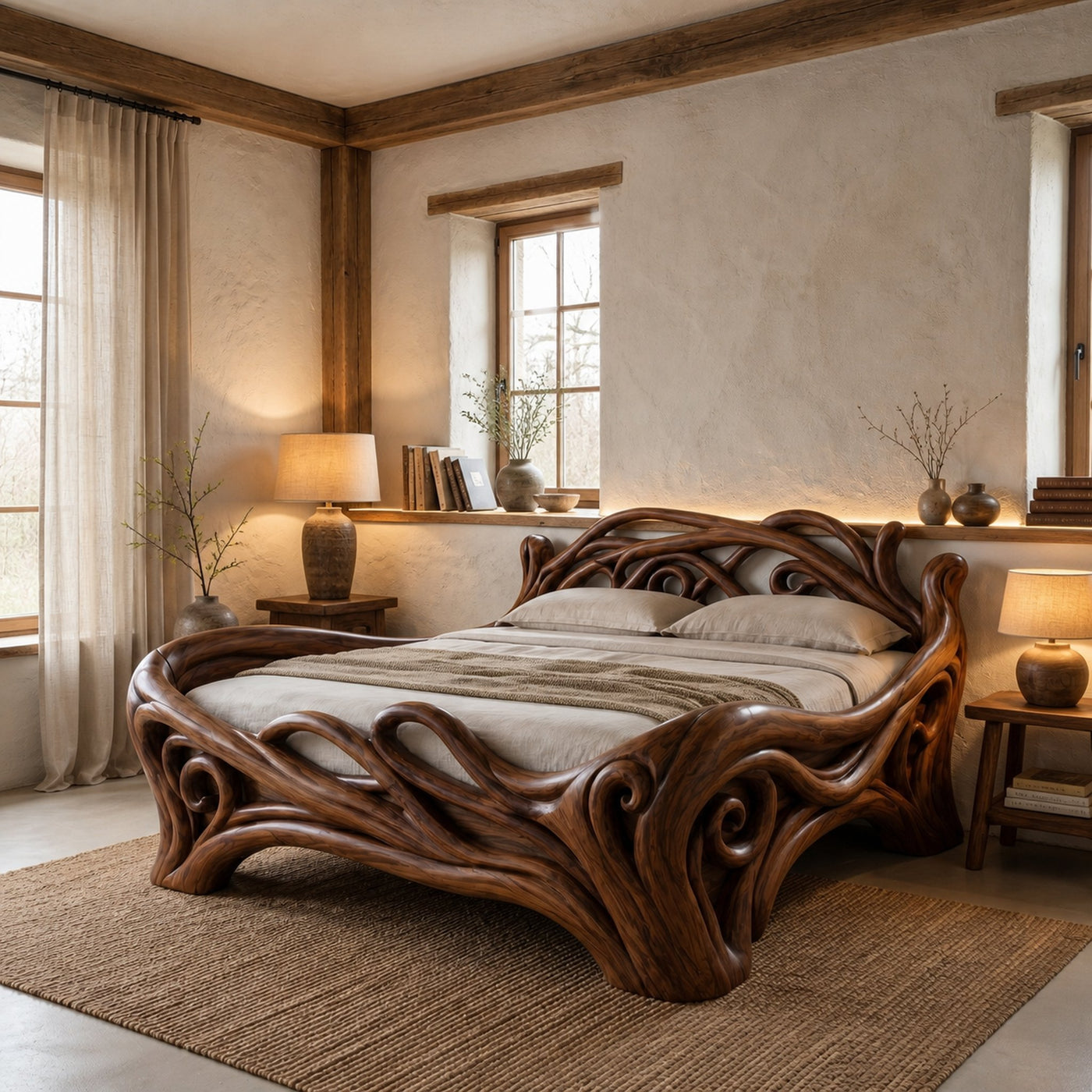 Organic Sculptural Bed Frame With Flowing Root Inspired Wood Design For Bedroom - product view 7
