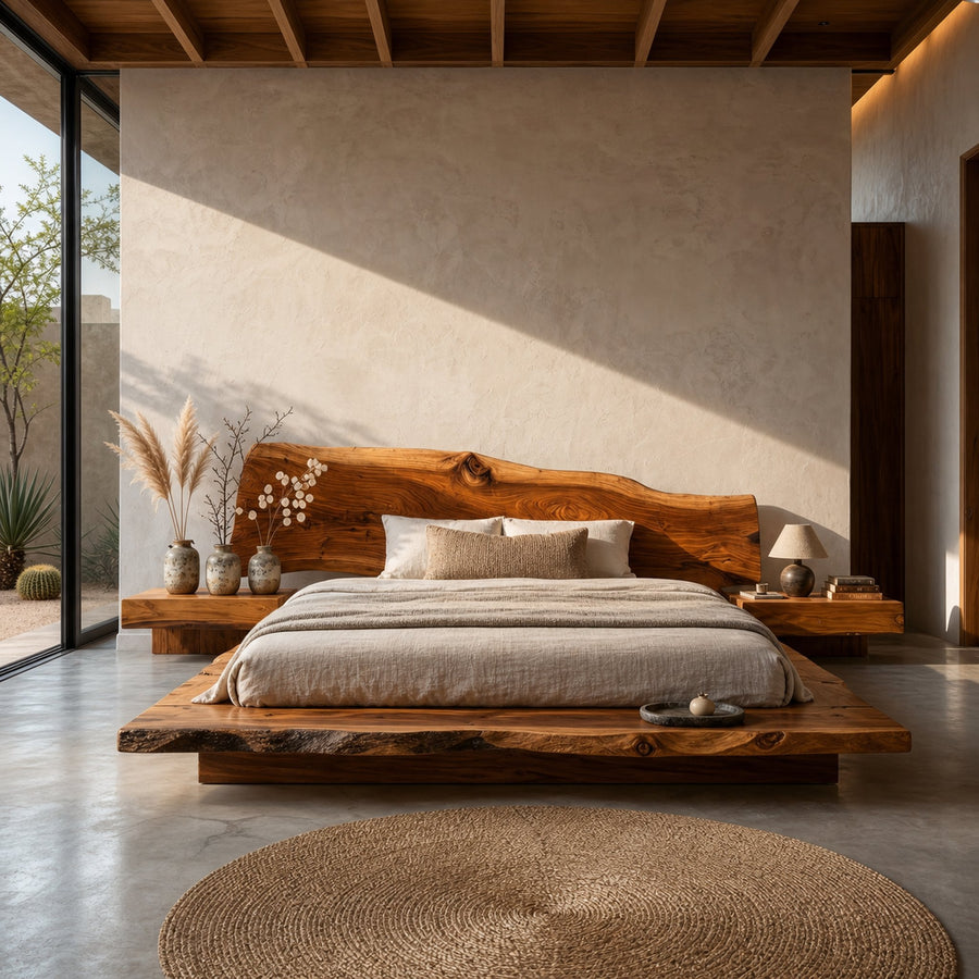 Organic Sculptural Bed Frame With Handcrafted Solid Wood Headboard And Floating Platform Design For Bedroom