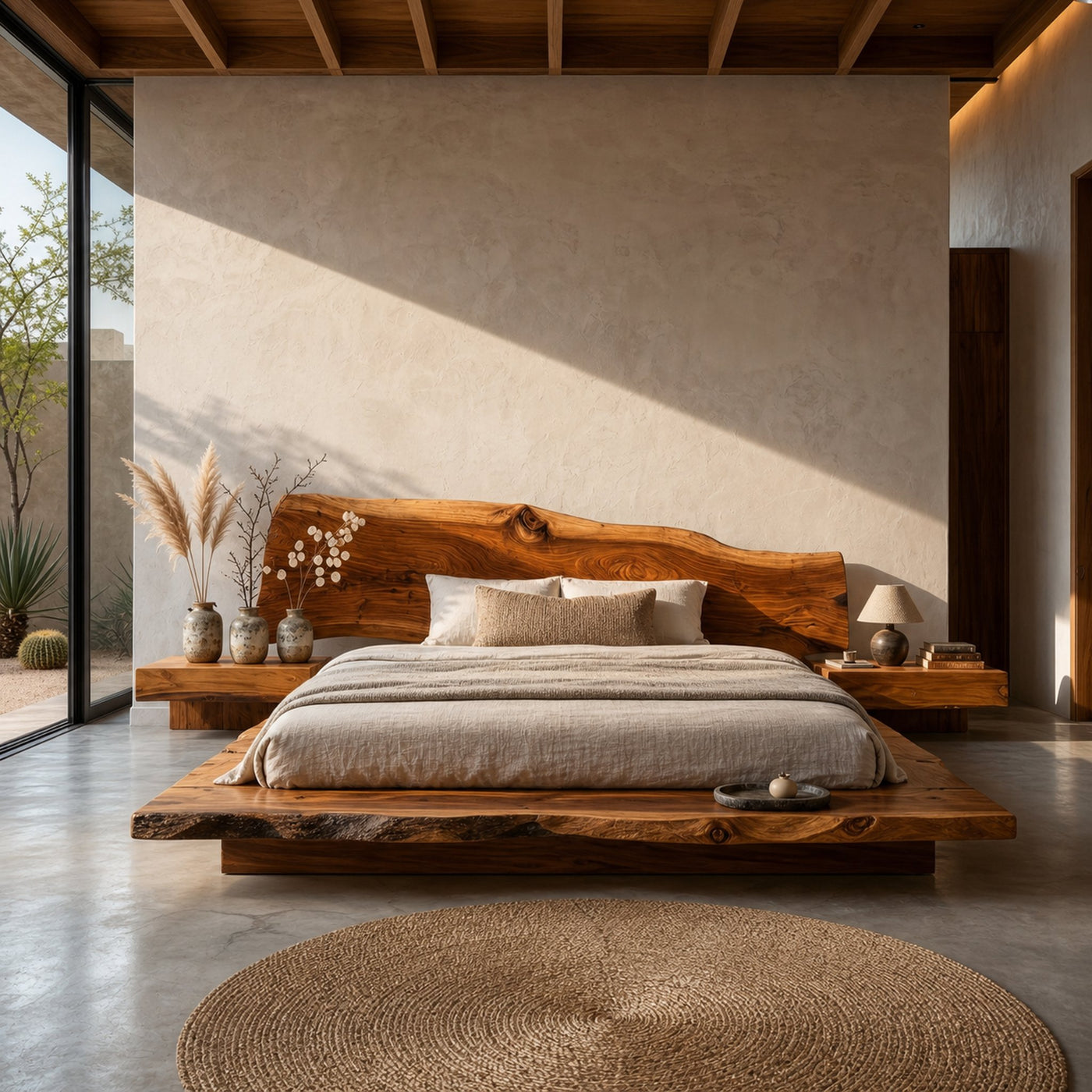 Organic Sculptural Bed Frame With Handcrafted Solid Wood Headboard And Floating Platform Design For Bedroom