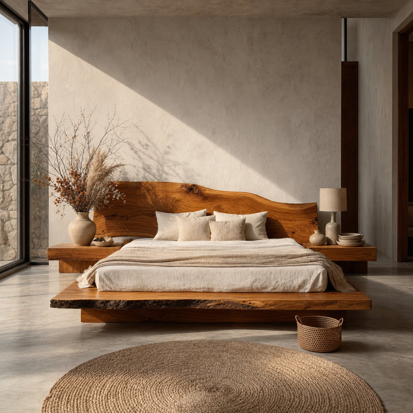 Organic Sculptural Bed Frame With Handcrafted Solid Wood Headboard And Floating Platform Design For Bedroom - product view 6