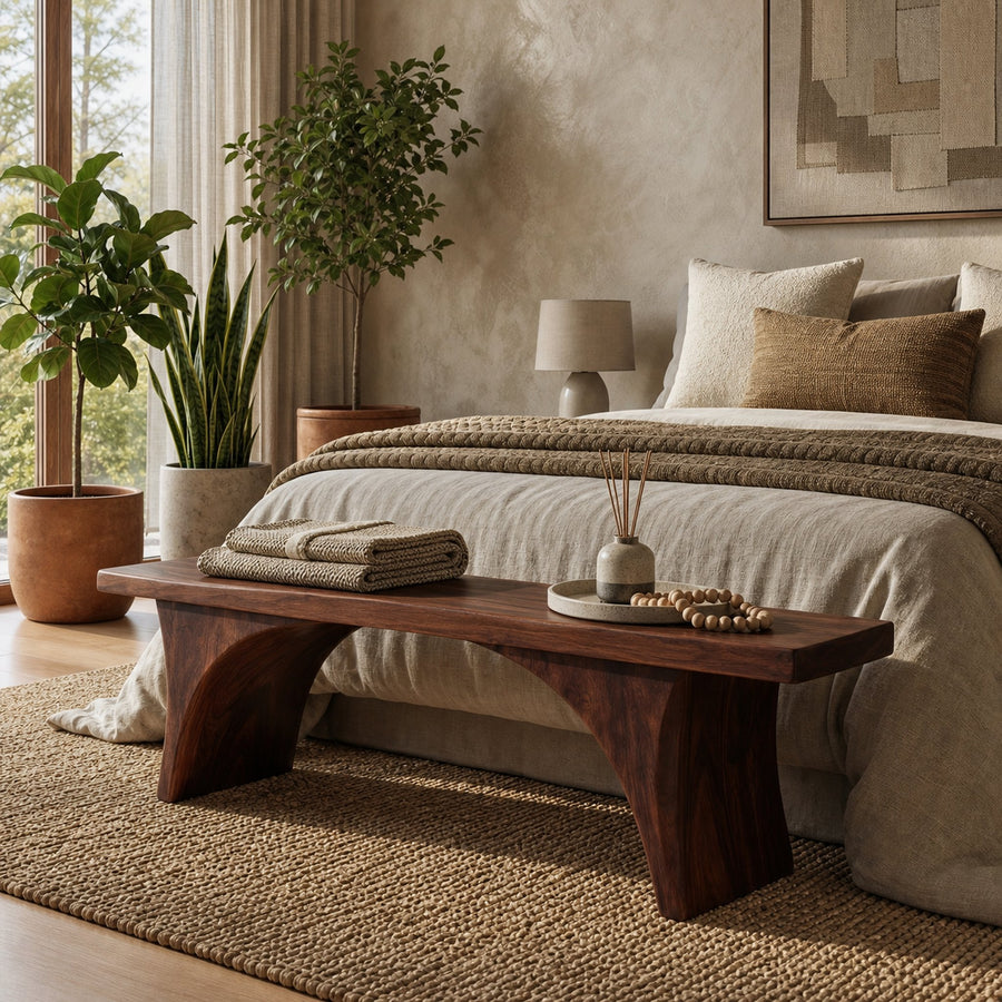 Organic Sculptural Bench With Curved Open Storage Base For Entryway And Living Room
