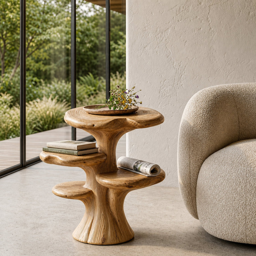 Organic Sculptural Beside Table With Tiered Solid Wood Shelves For Living Room