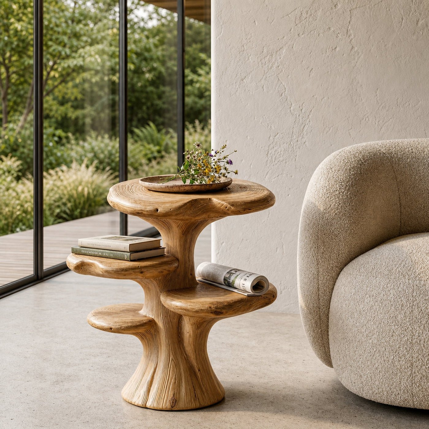 Organic Sculptural Beside Table With Tiered Solid Wood Shelves For Living Room