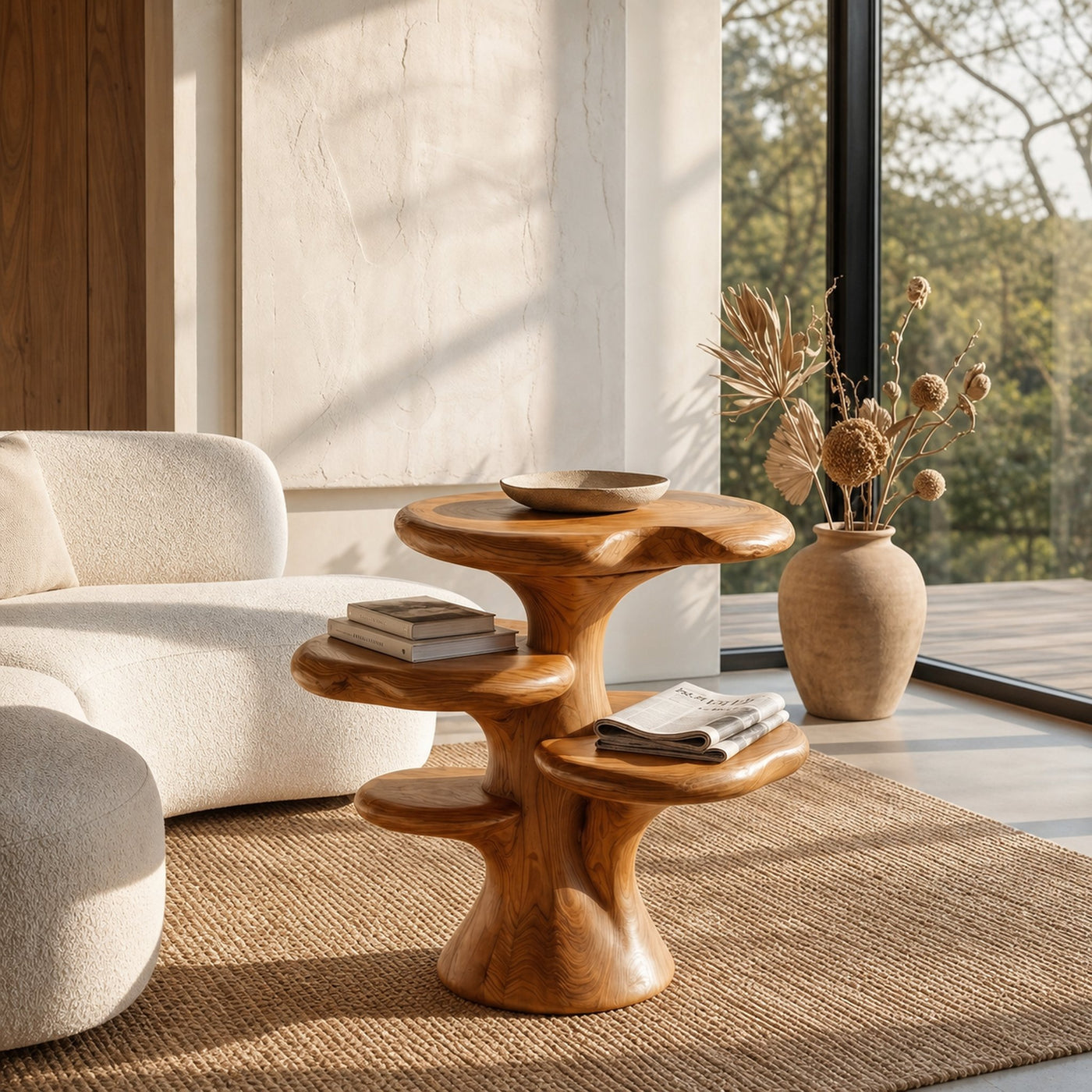 Organic Sculptural Beside Table With Tiered Solid Wood Shelves For Living Room - product view 6
