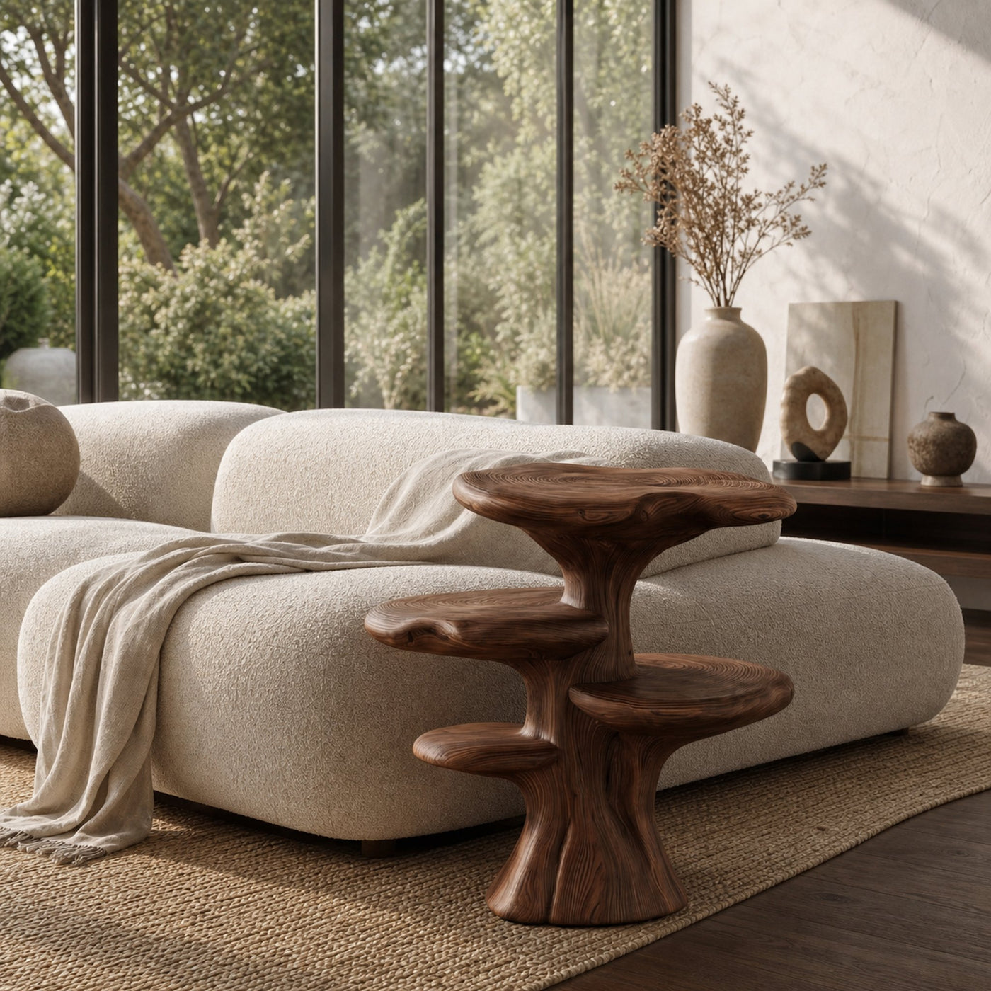 Organic Sculptural Beside Table With Tiered Solid Wood Shelves For Living Room - product view 7