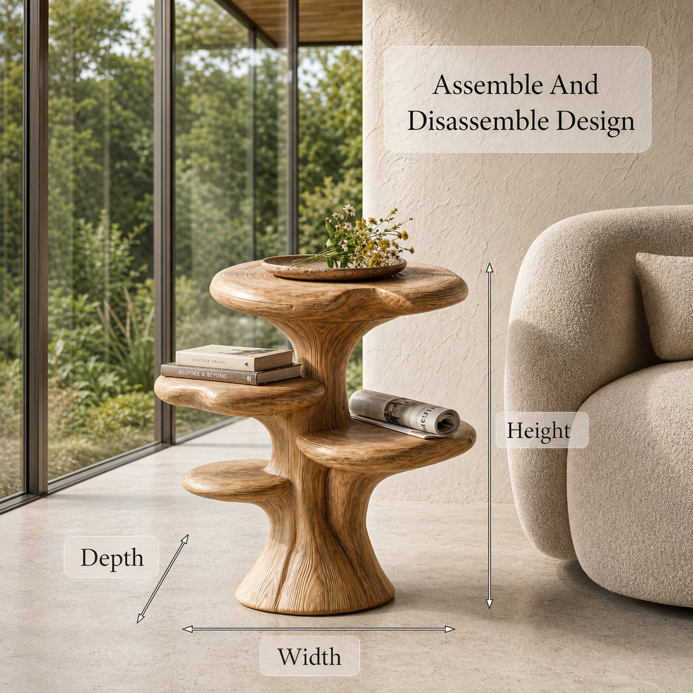 Organic Sculptural Beside Table With Tiered Solid Wood Shelves For Living Room - product view 8
