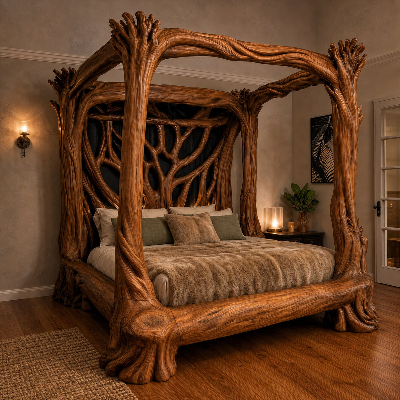 Organic Sculptural Canopy Bed With Handcrafted Tree Branch Wood Frame For Bedroom Decor