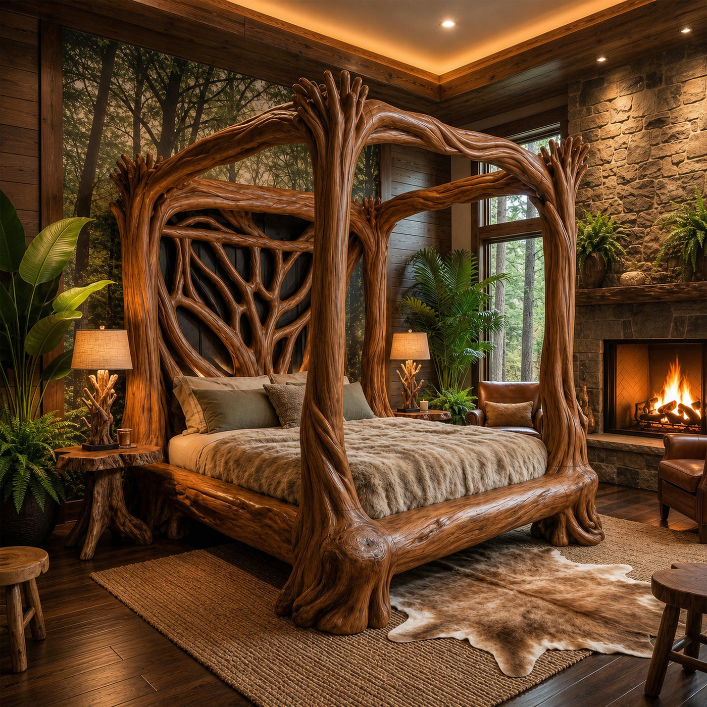 Organic Sculptural Canopy Bed With Handcrafted Tree Branch Wood Frame For Bedroom Decor - product view 6