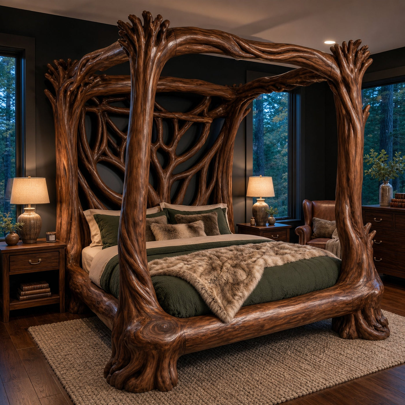 Organic Sculptural Canopy Bed With Handcrafted Tree Branch Wood Frame For Bedroom Decor - product view 7