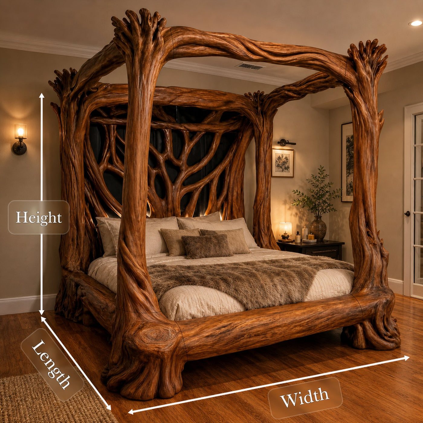 Organic Sculptural Canopy Bed With Handcrafted Tree Branch Wood Frame For Bedroom Decor - product view 8
