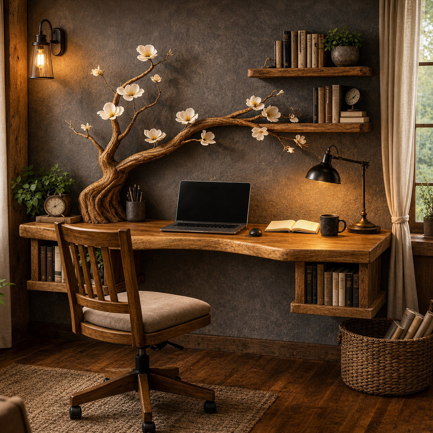 Organic Sculptural Floating Desk With Tree Branch Art For Home Office