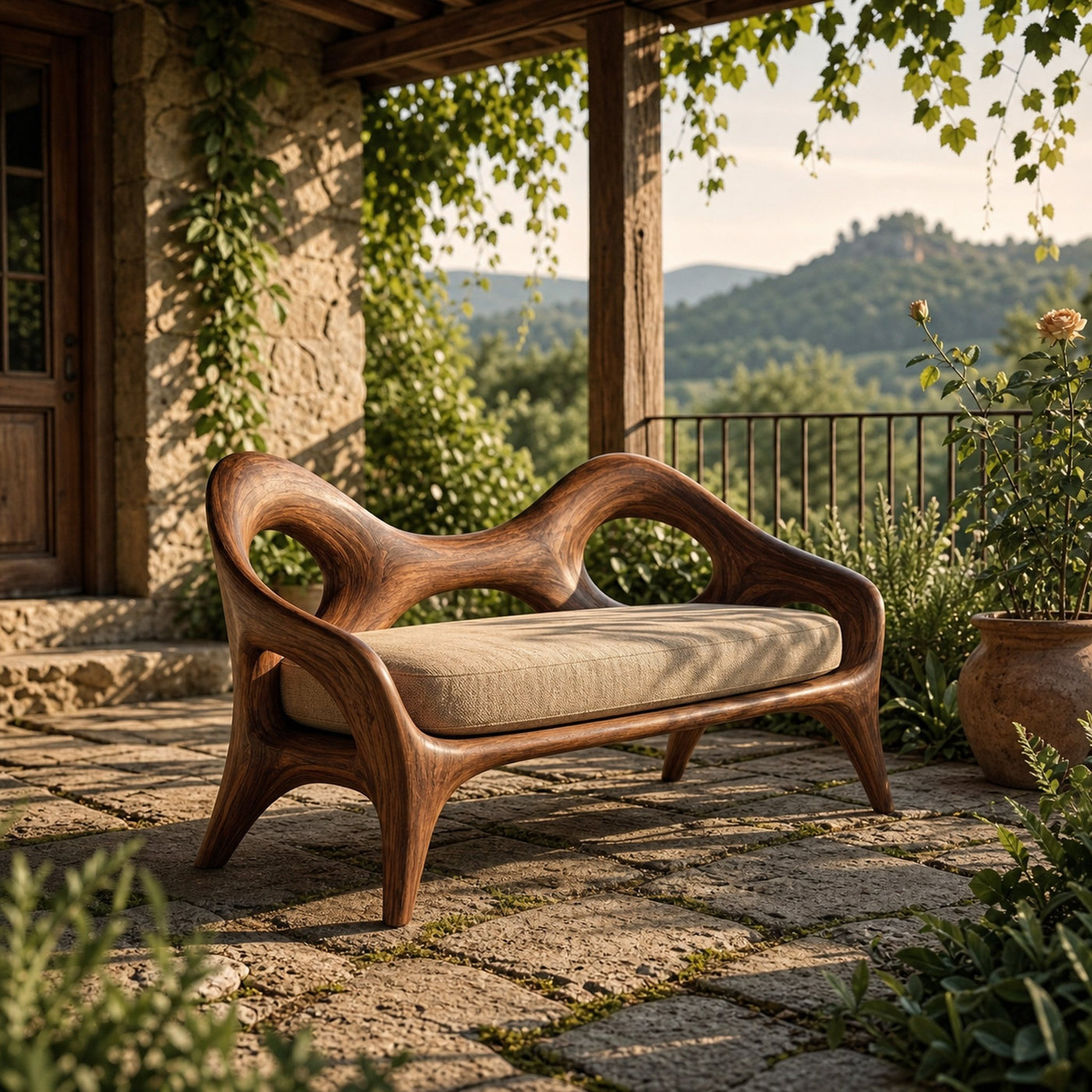 Organic Sculptural Natural Wood Sofa For Statement Hallway