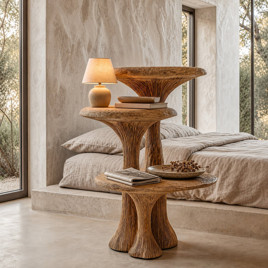 Organic Sculptural Nightstand With Multi Tier Solid Wood Shelves For Bedroom