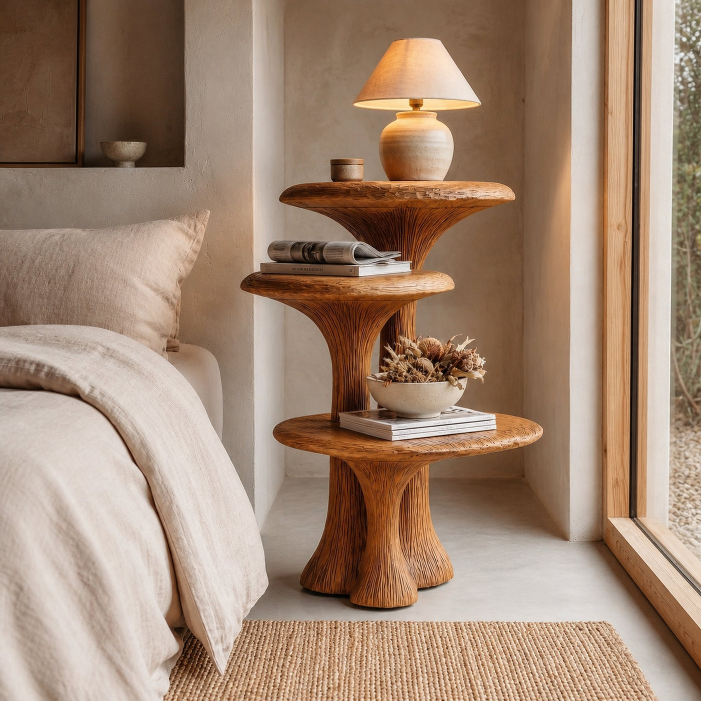 Organic Sculptural Nightstand With Multi Tier Solid Wood Shelves For Bedroom - product view 6