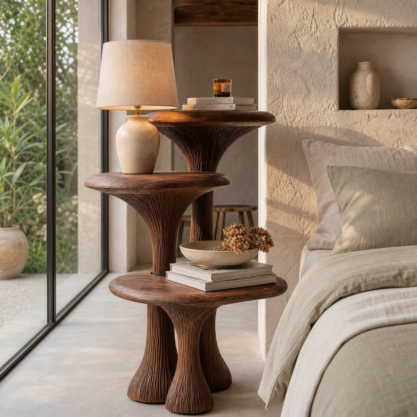 Organic Sculptural Nightstand With Multi Tier Solid Wood Shelves For Bedroom - product view 7