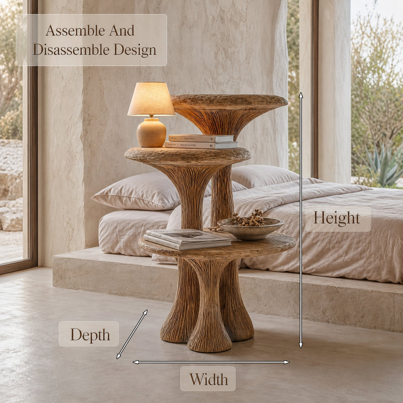 Organic Sculptural Nightstand With Multi Tier Solid Wood Shelves For Bedroom - product view 8