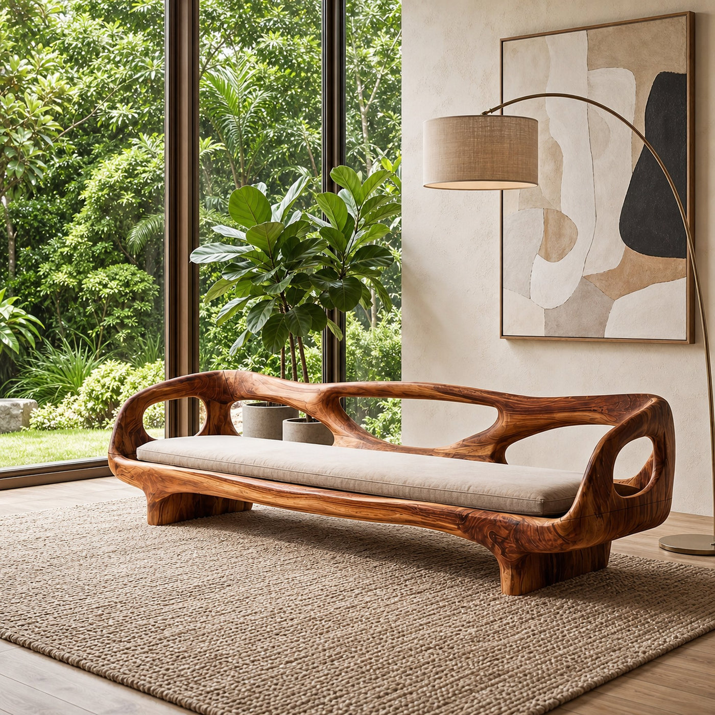 Organic Sculptural Sofa Frame With Curved Open Arm Design For Living Room