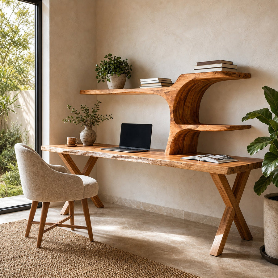 Organic Sculptural Wood Desk With Integrated Bookshelf For Home Office