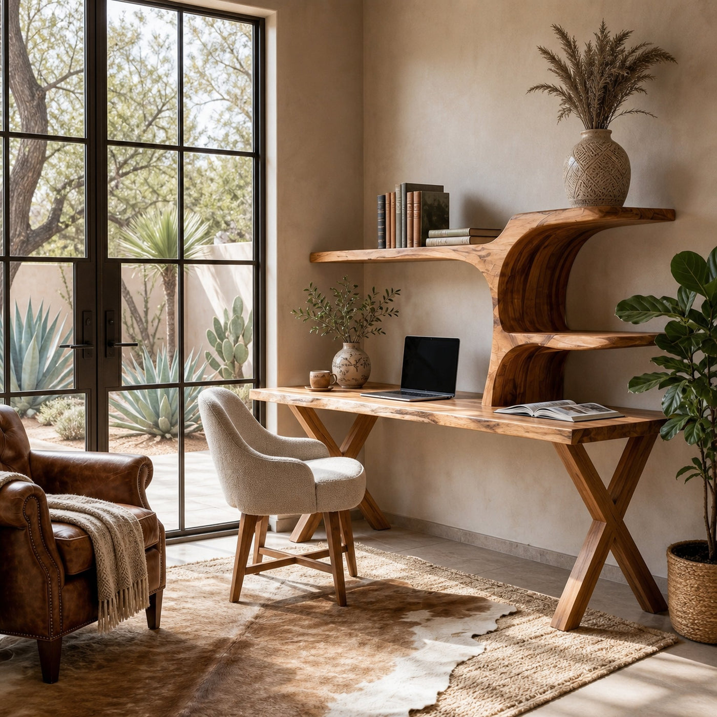 Organic Sculptural Wood Desk With Integrated Bookshelf For Home Office - product view 6