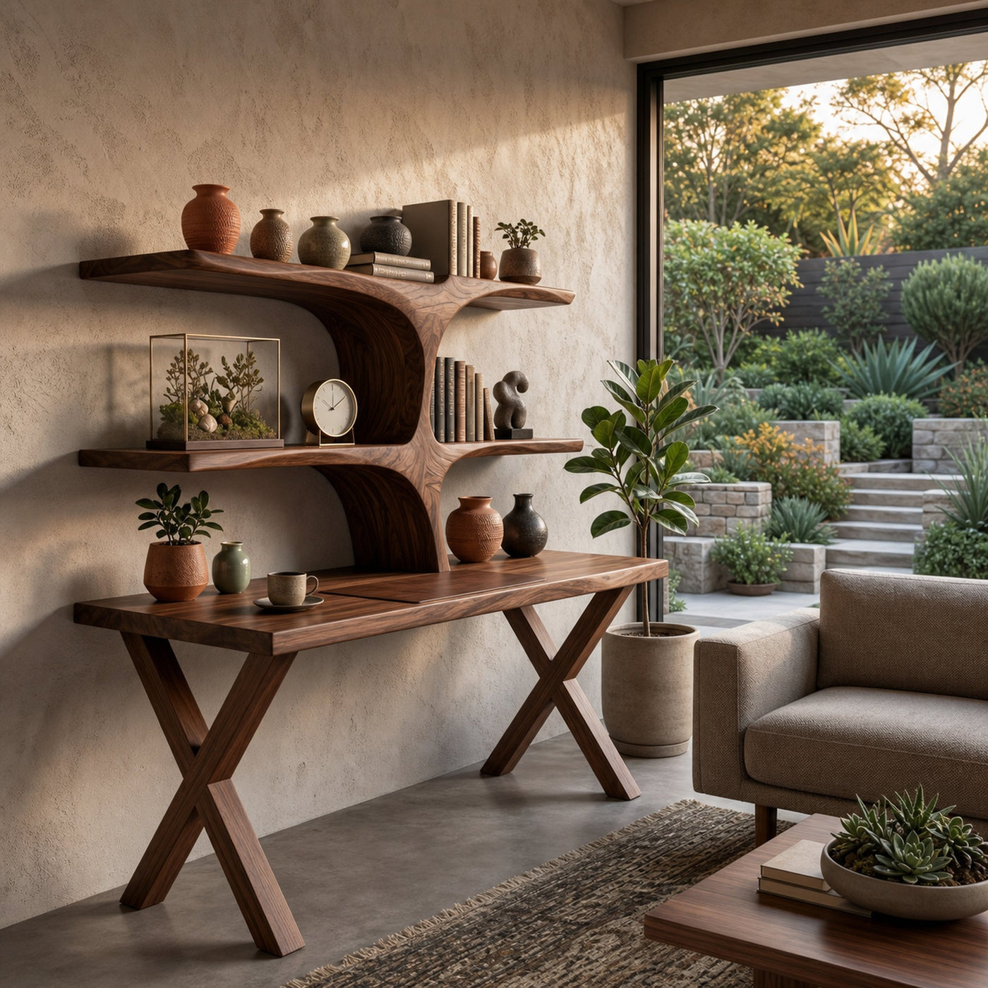 Organic Sculptural Wood Desk With Integrated Bookshelf For Home Office - product view 7