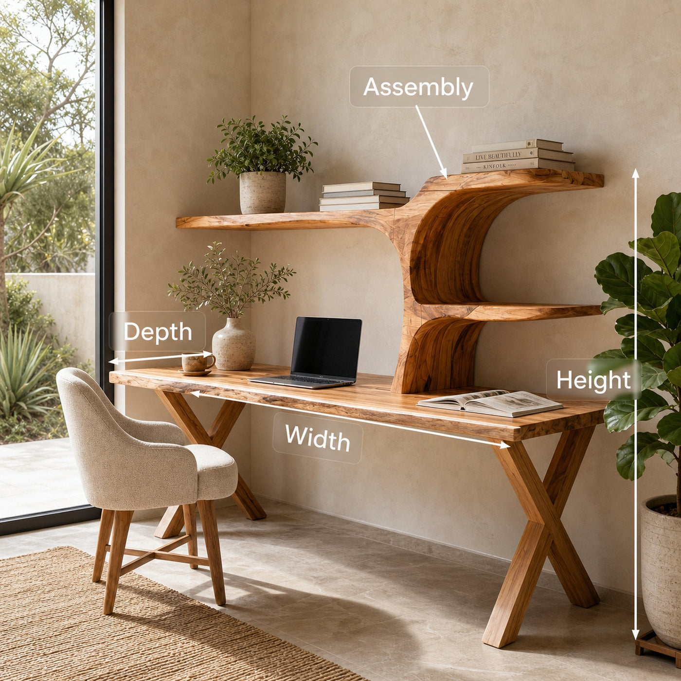 Organic Sculptural Wood Desk With Integrated Bookshelf For Home Office - product view 8