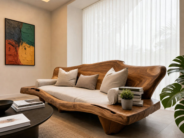 Organic Sculptural Wood Sofa For Living Room Lounge Entryway Or Office Featuring Natural Edge Design And Handcrafted Curved Backrest