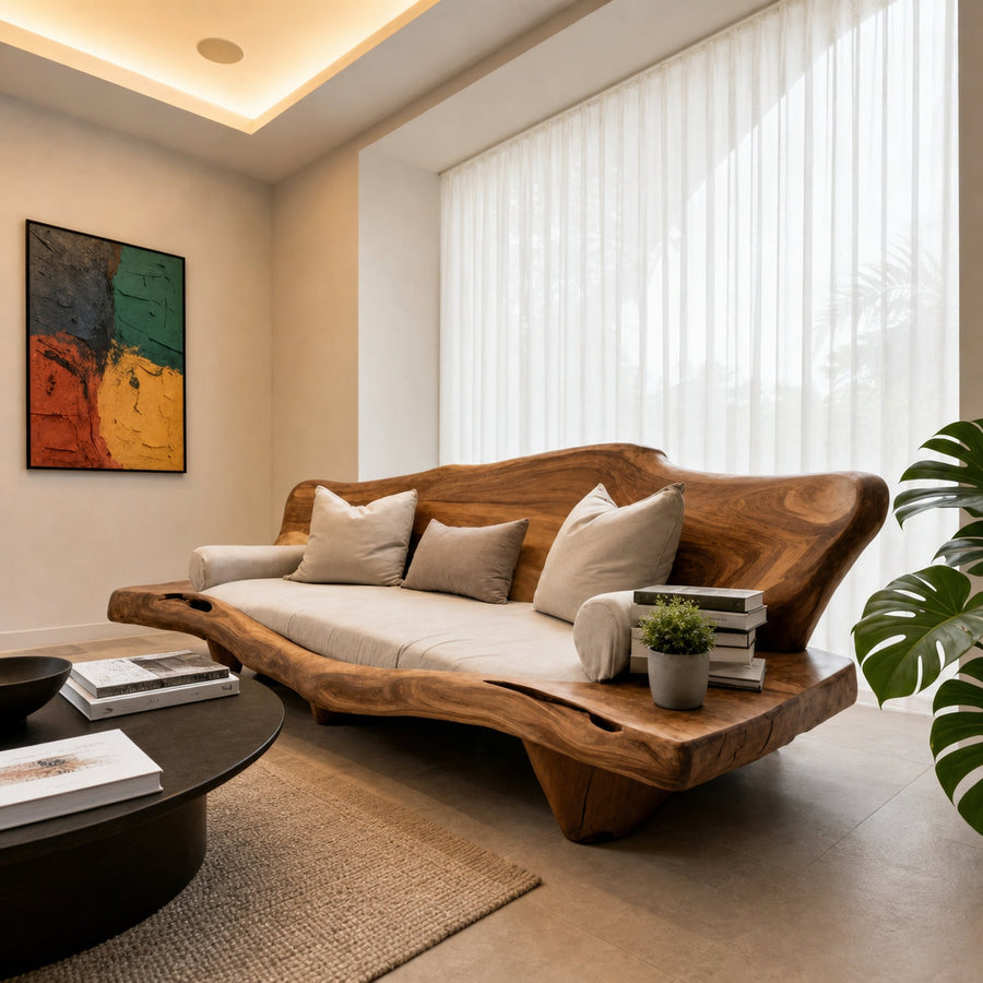 Organic Sculptural Wood Sofa For Living Room Lounge Entryway Or Office Featuring Natural Edge Design And Handcrafted Curved Backrest
