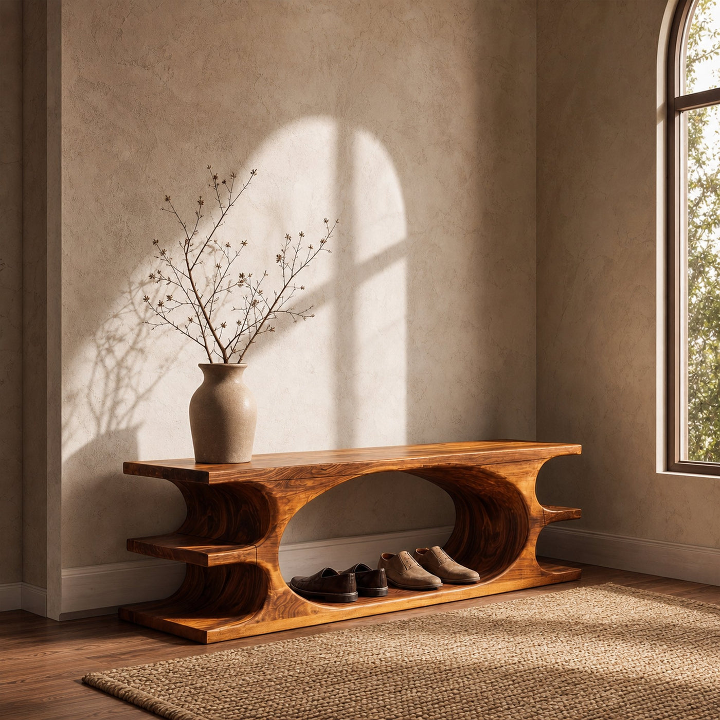 Organic Sculptural Wooden Bench With Flowing Curved Base For Living Room And Entryway