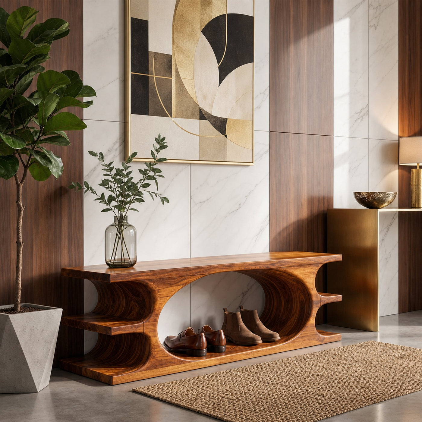 Organic Sculptural Wooden Bench With Flowing Curved Base For Living Room And Entryway - product view 6