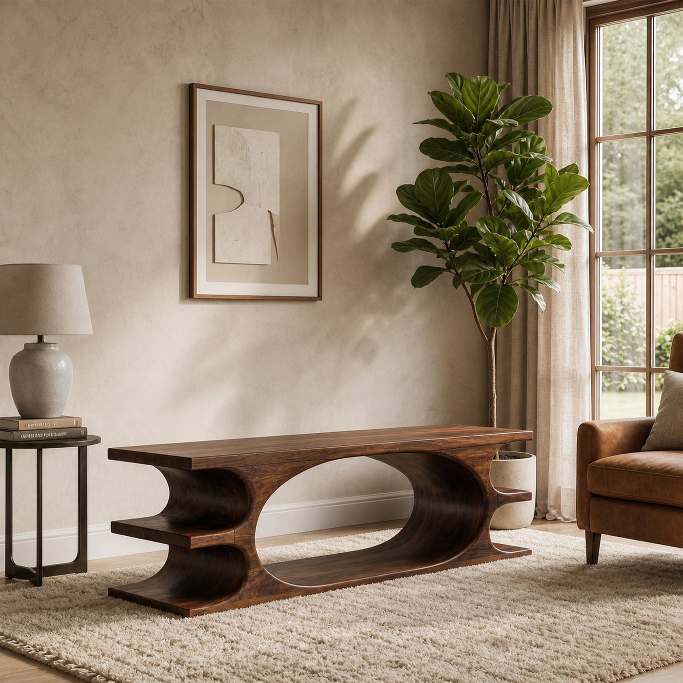 Organic Sculptural Wooden Bench With Flowing Curved Base For Living Room And Entryway - product view 7