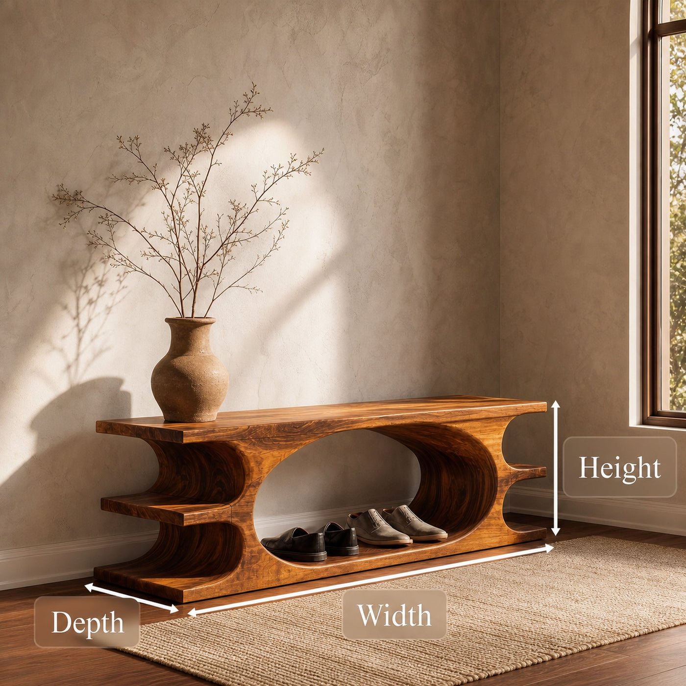 Organic Sculptural Wooden Bench With Flowing Curved Base For Living Room And Entryway - product view 8