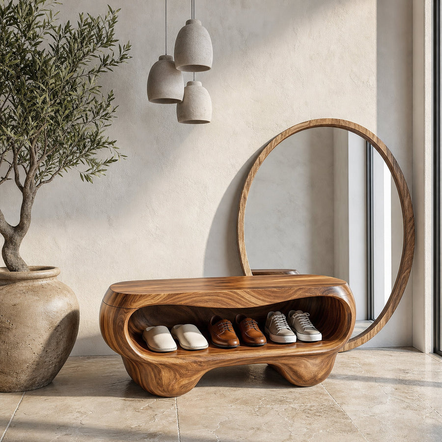 Organic Shoe Bench With Rounded Storage Shelves For Entryway